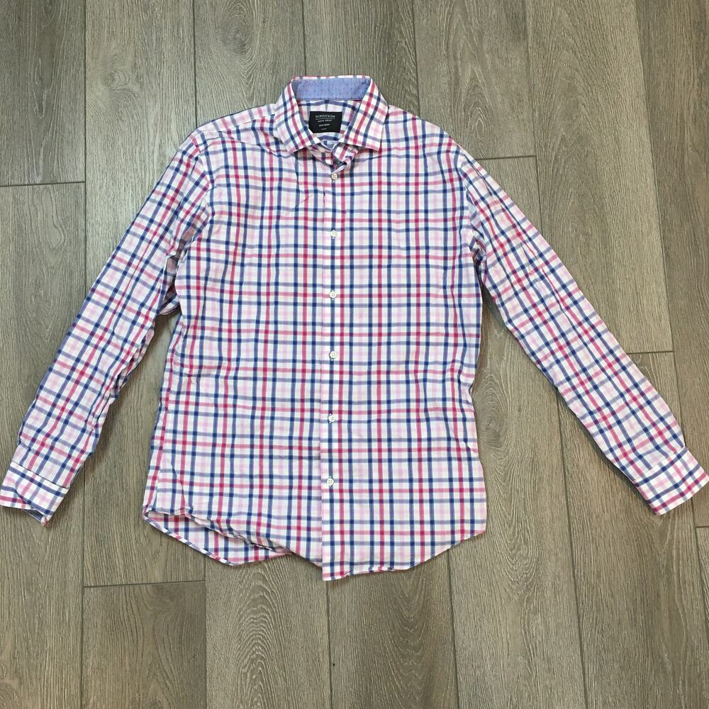 Nordstrom men's shop non-iron trim fit white pink blue 100% cotton button down